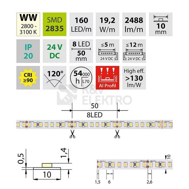 Obrázek produktu LED pásek McLED 24V teplá bílá CRI90 š=10mm IP20 19,2W/m 160LED/m SMD2835 ML-126.888.60.2 3