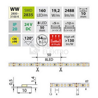 Obrázek produktu LED pásek McLED 24V teplá bílá CRI90 š=10mm IP20 19,2W/m 160LED/m SMD2835 ML-126.888.60.2 3
