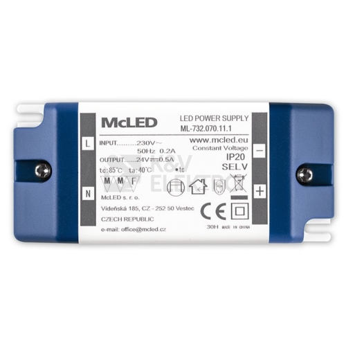 Nábytkový LED napájecí zdroj McLED 24VDC 12W 0,5A ML-732.070.11.1