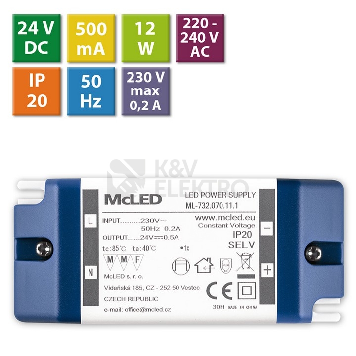 Obrázek produktu Nábytkový LED napájecí zdroj McLED 24VDC 12W 0,5A ML-732.070.11.1 1