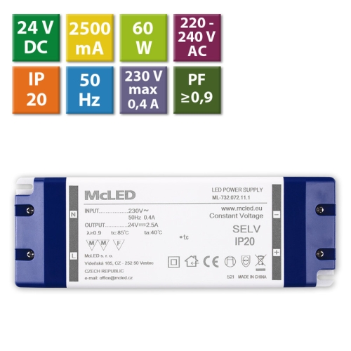 Nábytkový LED napájecí zdroj McLED 24VDC 60W 2,5A ML-732.072.11.1