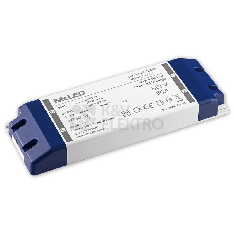 Obrázek produktu Nábytkový LED napájecí zdroj McLED 24VDC 60W 2,5A ML-732.072.11.1 0