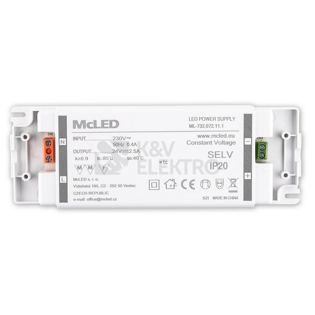 Obrázek produktu Nábytkový LED napájecí zdroj McLED 24VDC 60W 2,5A ML-732.072.11.1 1