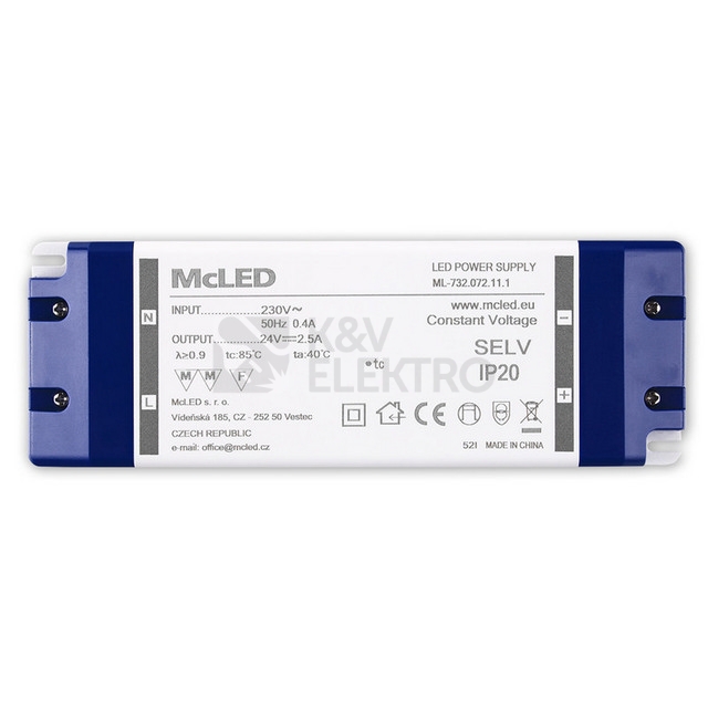Obrázek produktu Nábytkový LED napájecí zdroj McLED 24VDC 60W 2,5A ML-732.072.11.1 2