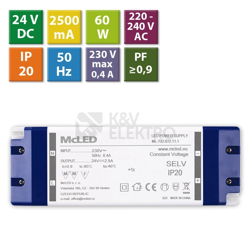 Obrázek produktu Nábytkový LED napájecí zdroj McLED 24VDC 60W 2,5A ML-732.072.11.1 1