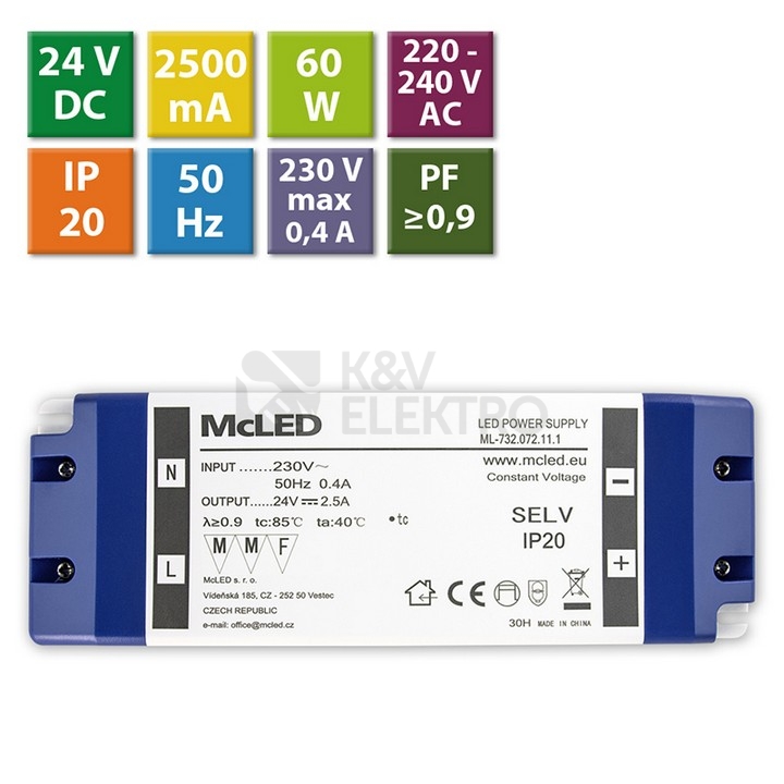 Obrázek produktu Nábytkový LED napájecí zdroj McLED 24VDC 60W 2,5A ML-732.072.11.1 4