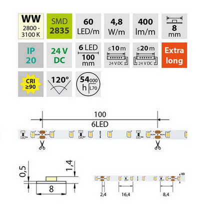 LED pásek McLED 24V teplá bílá CRI90 š=8mm IP20 4,8W/m 60LED/m SMD2835 ML-126.831.60.2