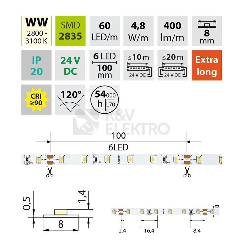 Obrázek produktu LED pásek McLED 24V teplá bílá CRI90 š=8mm IP20 4,8W/m 60LED/m SMD2835 ML-126.831.60.2 3