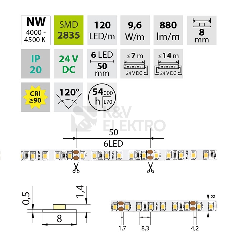 Obrázek produktu LED pásek McLED 24V neutrální bílá CRI90 š=8mm IP20 9,6W/m 120LED/m SMD2835 ML-126.839.60.2 3