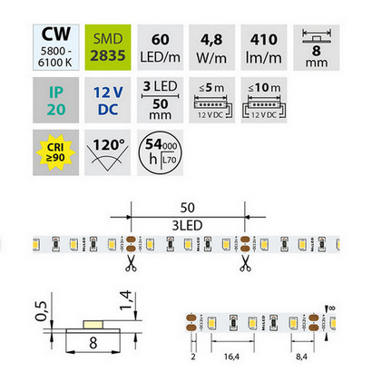 LED pásek McLED 12V studená bílá CRI90 š=8mm IP20 4,8W/m 60LED/m SMD2835 ML-121.829.60.2
