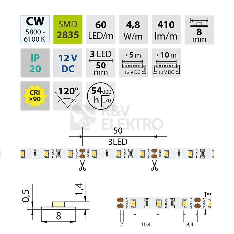 Obrázek produktu  LED pásek McLED 12V studená bílá CRI90 š=8mm IP20 4,8W/m 60LED/m SMD2835 ML-121.829.60.2 5