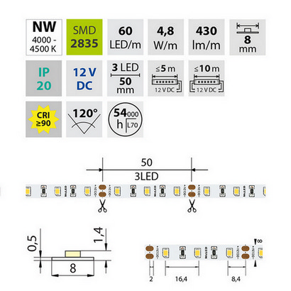 LED pásek McLED 12V neutrální bílá CRI90 š=8mm IP20 4,8W/m 60LED/m SMD2835 ML-121.830.60.2
