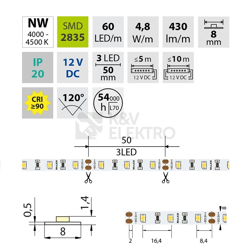 Obrázek produktu LED pásek McLED 12V neutrální bílá CRI90 š=8mm IP20 4,8W/m 60LED/m SMD2835 ML-121.830.60.2 5