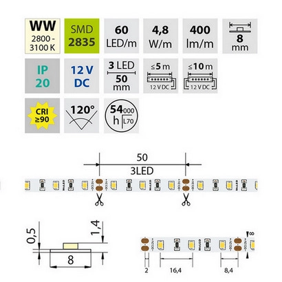 LED pásek McLED 12V teplá bílá CRI90 š=8mm IP20 4,8W/m 60LED/m SMD2835 ML-121.831.60.2 (obrázek 6)