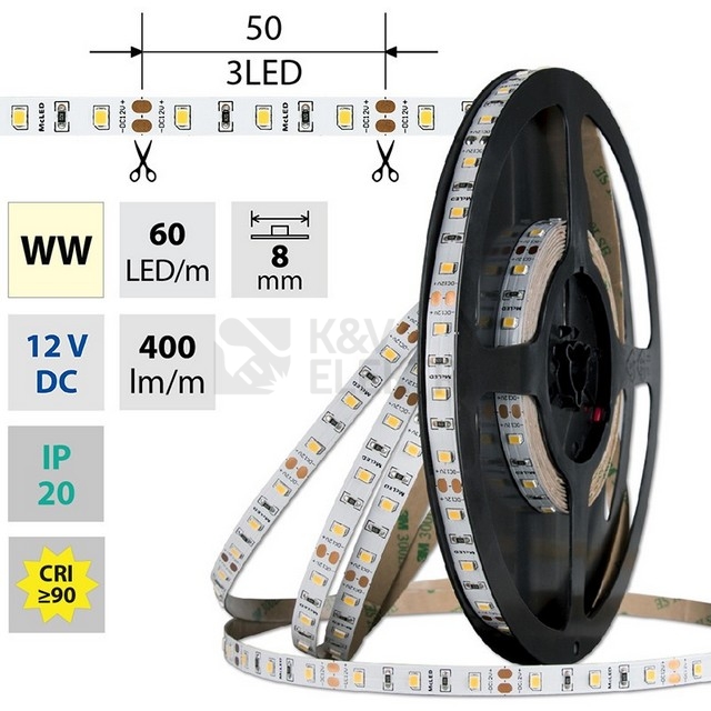 Obrázek produktu LED pásek McLED 12V teplá bílá CRI90 š=8mm IP20 4,8W/m 60LED/m SMD2835 ML-121.831.60.2 0