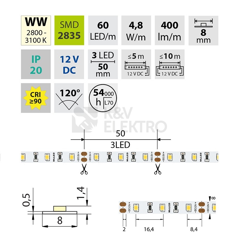 Obrázek produktu LED pásek McLED 12V teplá bílá CRI90 š=8mm IP20 4,8W/m 60LED/m SMD2835 ML-121.831.60.2 5