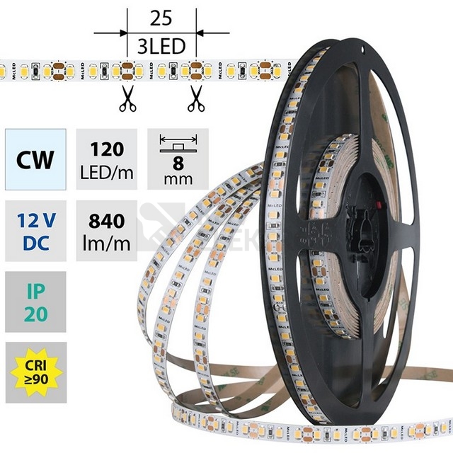 Obrázek produktu LED pásek McLED 12V studená bílá CRI90 š=8mm IP20 9,6W/m 120LED/m SMD2835 ML-121.838.60.2 0