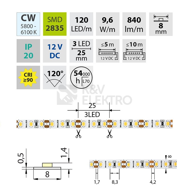 Obrázek produktu LED pásek McLED 12V studená bílá CRI90 š=8mm IP20 9,6W/m 120LED/m SMD2835 ML-121.838.60.2 3