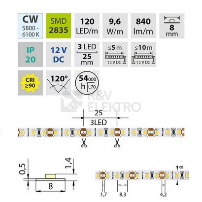 Obrázek produktu LED pásek McLED 12V studená bílá CRI90 š=8mm IP20 9,6W/m 120LED/m SMD2835 ML-121.838.60.2 3