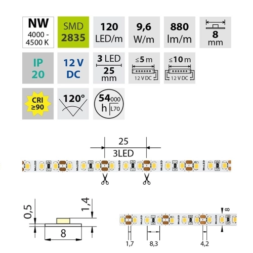 LED pásek McLED 12V neutrální bílá CRI90 š=8mm IP20 9,6W/m 120LED/m SMD2835 ML-121.839.60.2 (obrázek 4)