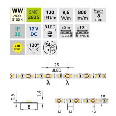 LED pásek McLED 12V teplá bílá CRI90 š=8mm IP20 9,6W/m 120LED/m SMD2835 ML-121.840.60.2 (obrázek 6)
