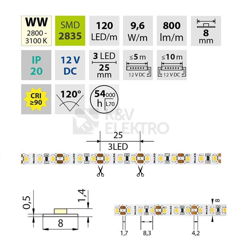 Obrázek produktu LED pásek McLED 12V teplá bílá CRI90 š=8mm IP20 9,6W/m 120LED/m SMD2835 ML-121.840.60.2 3