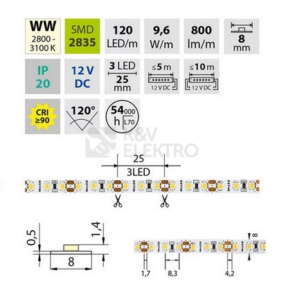 Obrázek produktu LED pásek McLED 12V teplá bílá CRI90 š=8mm IP20 9,6W/m 120LED/m SMD2835 ML-121.840.60.2 3