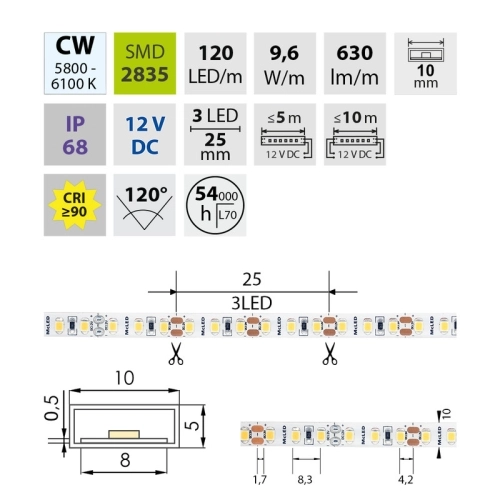 LED pásek McLED 12V studená bílá š=10mm IP68 9,6W/m 120LED/m SMD2835 ML-121.866.60.0 (obrázek 6)