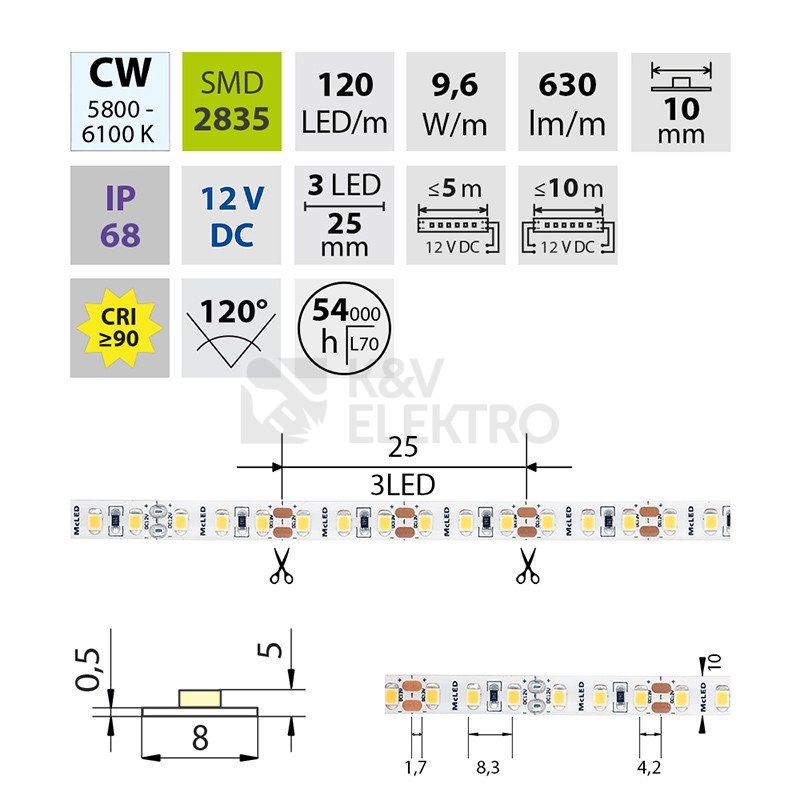 Obrázek produktu LED pásek McLED 12V studená bílá š=10mm IP68 9,6W/m 120LED/m SMD2835 ML-121.866.60.0 3