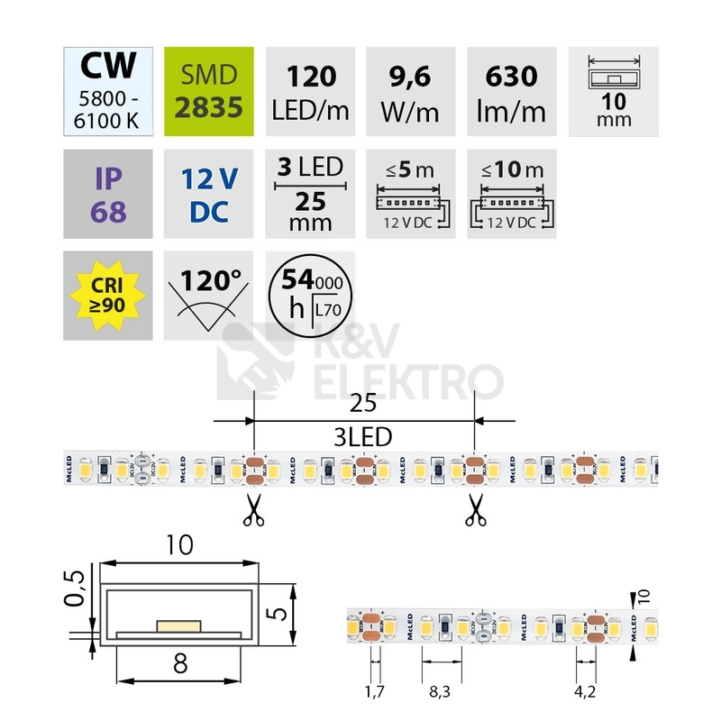Obrázek produktu LED pásek McLED 12V studená bílá š=10mm IP68 9,6W/m 120LED/m SMD2835 ML-121.866.60.0 3