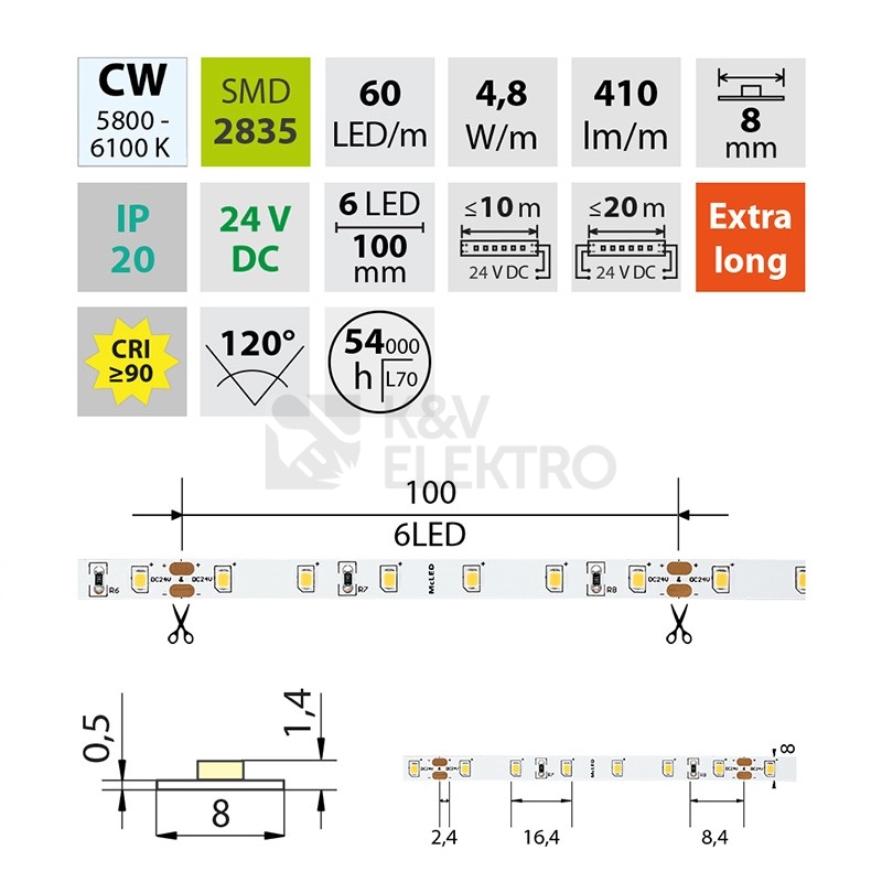 Obrázek produktu LED pásek McLED 24V studená bílá CRI90 š=8mm IP20 4,8W/m 60LED/m SMD2835 ML-126.829.60.2 3