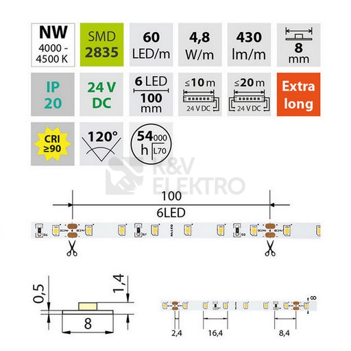 Obrázek produktu LED pásek McLED 24V neutrální bílá CRI90 š=8mm IP20 4,8W/m 60LED/m SMD2835 ML-126.830.60.2 3