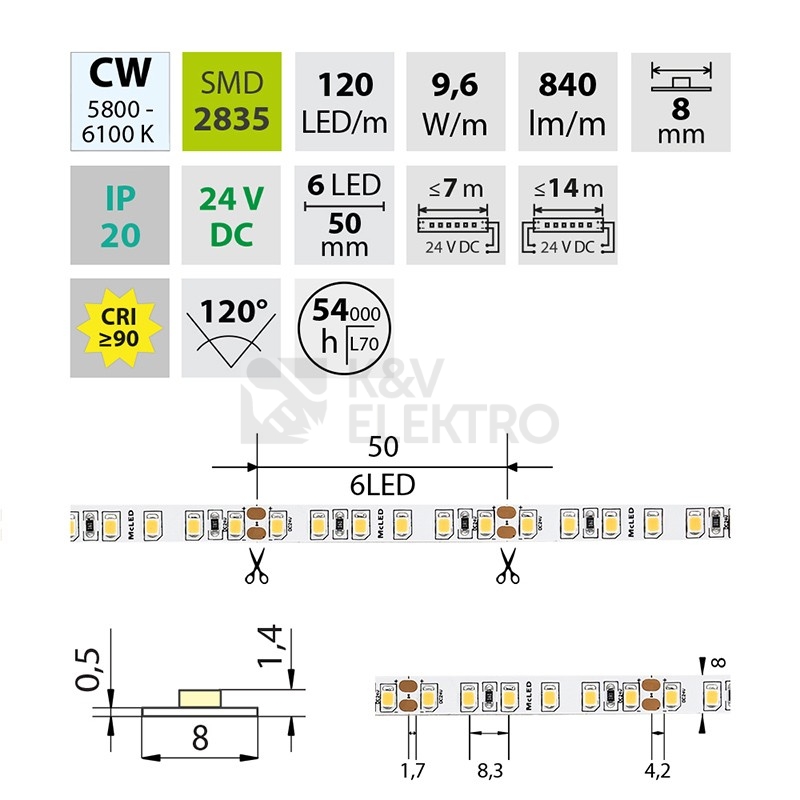 Obrázek produktu LED pásek McLED 24V studená bílá CRI90 š=8mm IP20 9,6W/m 120LED/m SMD2835 ML-126.838.60.2 3