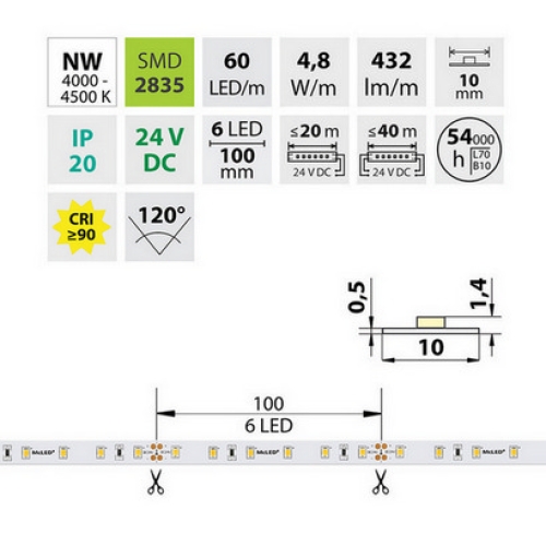 LED pásek McLED 24V neutrální bílá CRI90 š=10mm IP20 4,8W/m 60LED/m SMD2835 ML-126.872.60.2