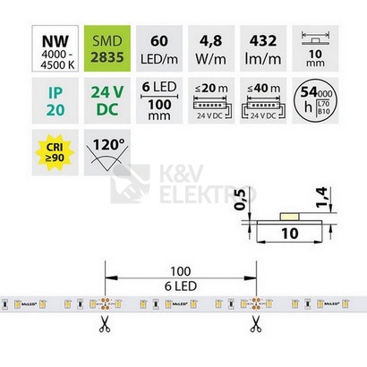 Obrázek produktu LED pásek McLED 24V neutrální bílá CRI90 š=10mm IP20 4,8W/m 60LED/m SMD2835 ML-126.872.60.2 2