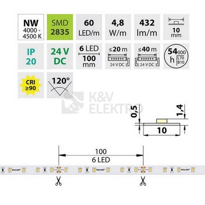 Obrázek produktu LED pásek McLED 24V neutrální bílá CRI90 š=10mm IP20 4,8W/m 60LED/m SMD2835 ML-126.872.60.2 2