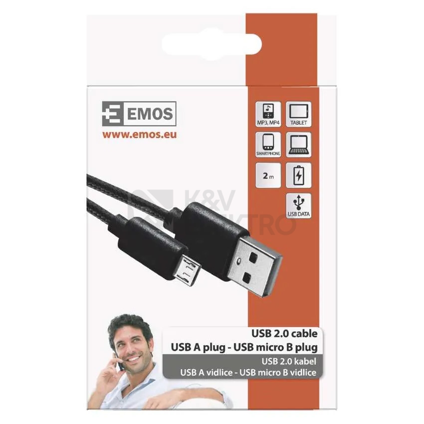 Obrázek produktu USB kabel EMOS USB 2.0 A/M-MICRO B/M 2m černá SM7008BL 2