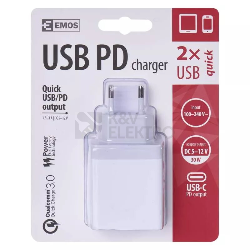 Obrázek produktu  USB nabíječka EMOS V0120 1,5–3,0A (30W) bílá 2