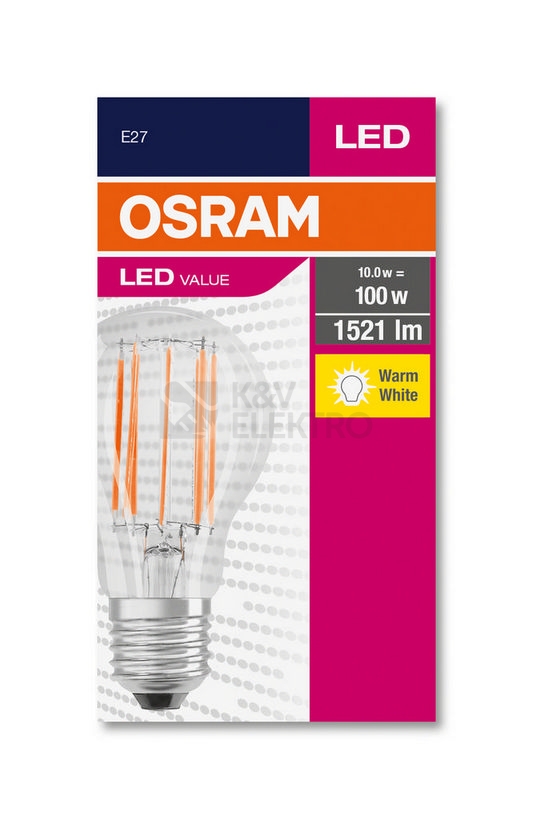 Obrázek produktu LED žárovka E27 OSRAM VALUE CL A FIL 10W (100W) teplá bílá (2700K) 2