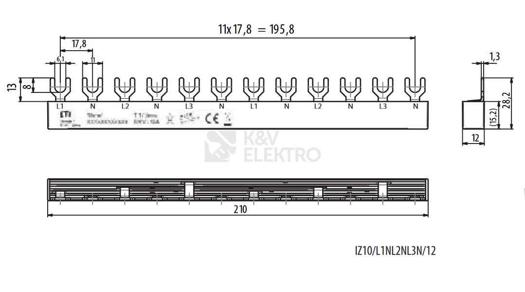 Obrázek produktu Propojovací lišta ETI IZ10/L1NL2NL3N/12 3p+N (L1,N-L2,N-L3,N) 002921268 1