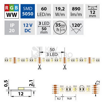 Obrázek produktu  LED pásek McLED 12V RGBW WW teplá bílá 12mm IP20 19,2W/m ML-123.635.60.0 (5m) 1