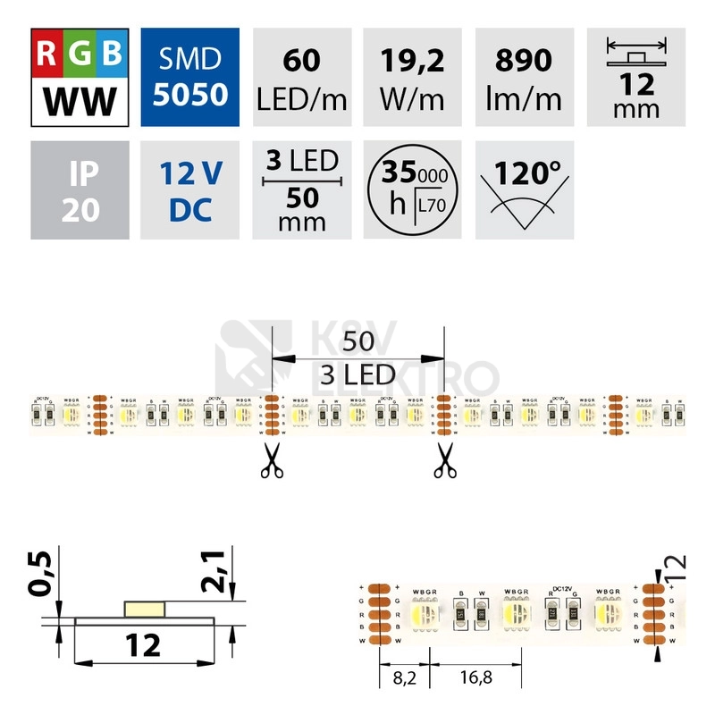 Obrázek produktu LED pásek McLED 12V RGBW WW teplá bílá 12mm IP20 19,2W/m ML-123.635.60.0 (5m) 3