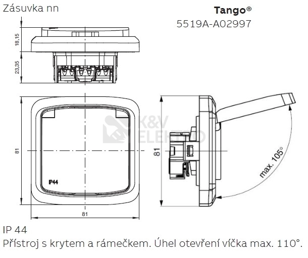 Obrázek produktu ABB Tango zásuvka IP44 bílá 5519A-A02997 B 2