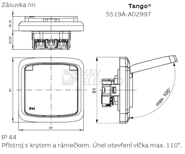 Obrázek produktu ABB Tango zásuvka IP44 kouřová šedá 5519A-A02997 S2 2