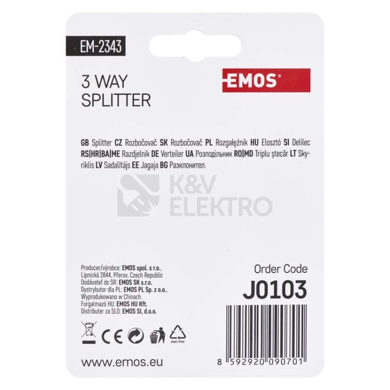 Obrázek produktu Anténní televizní rozbočovač EMOS J0103 EM2343 3x výstup F 4,7 dB 4