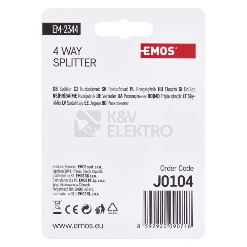 Obrázek produktu Anténní televizní rozbočovač EMOS J0104 EM2344 4x výstup F 7dB 4