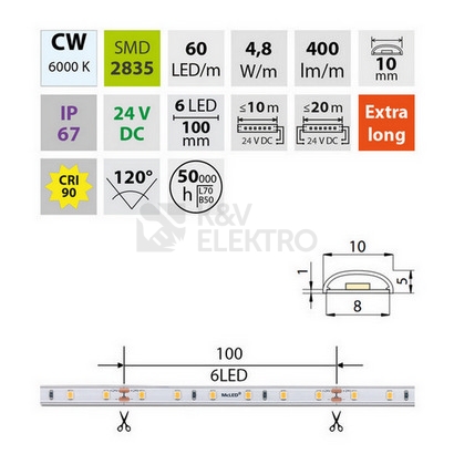 Obrázek produktu LED pásek McLED 24V studená bílá CRI90 š=10mm IP67 4,8W/m 60LED/m SMD2835 ML-126.001.90.2 1