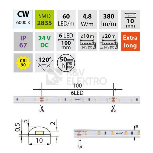 Obrázek produktu LED pásek McLED 24V studená bílá CRI90 š=10mm IP67 4,8W/m 60LED/m SMD2835 ML-126.001.90.2 4