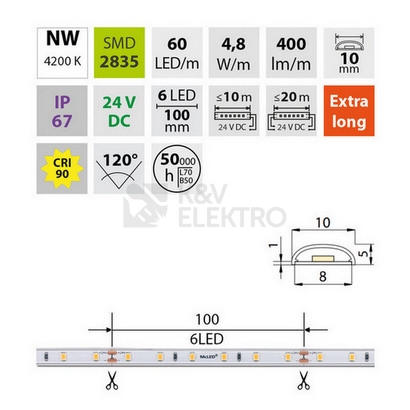 Obrázek produktu LED pásek McLED 24V neutrální bílá CRI90 š=10mm IP67 4,8W/m 60LED/m SMD2835 ML-126.002.90.2 1