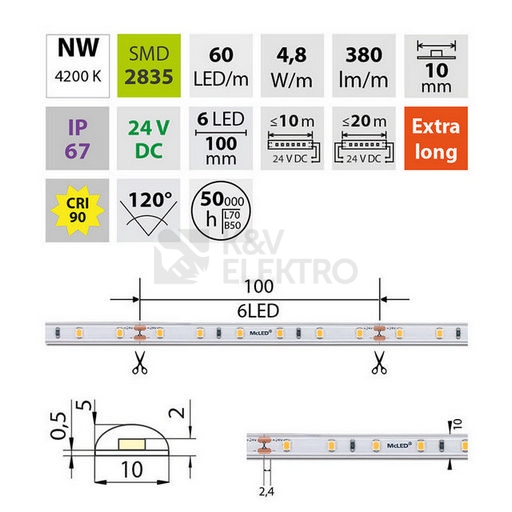 Obrázek produktu LED pásek McLED 24V neutrální bílá CRI90 š=10mm IP67 4,8W/m 60LED/m SMD2835 ML-126.002.90.2 4
